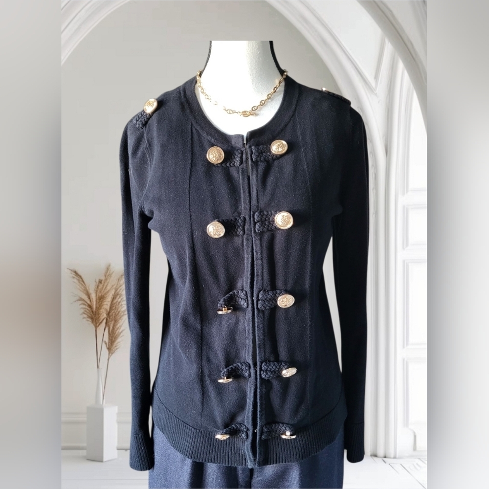 I.N.C. Black Military-Style Cardigan Sweater Gold Crest-Embossed Buttons Size M